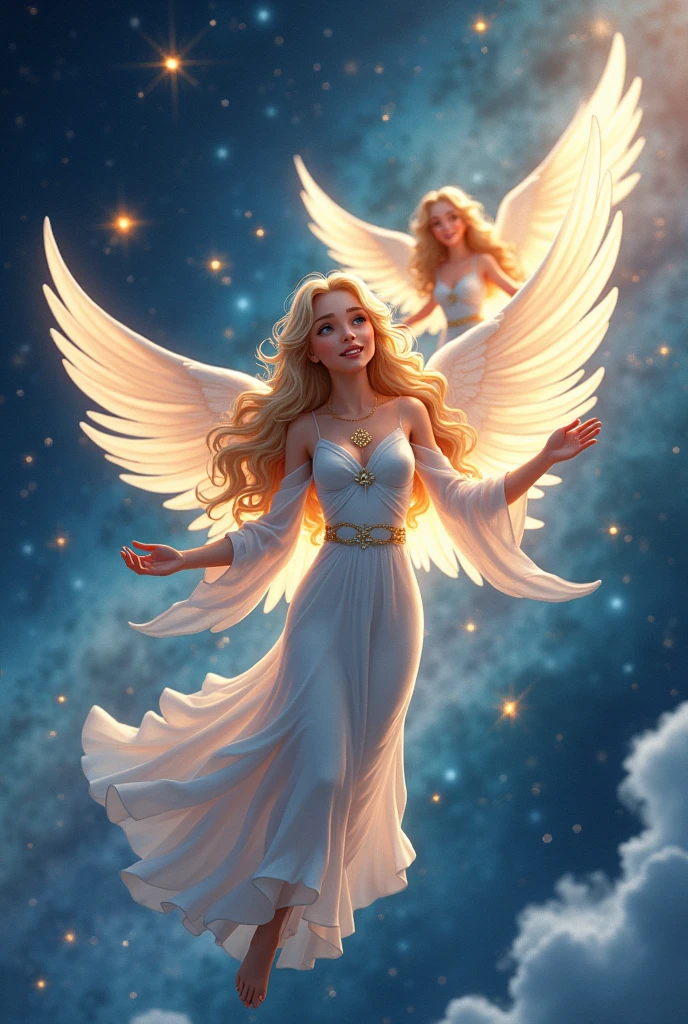 (photorealism:1.2), (masterpiece) (hight details) beautiful Angels , Cartoon style, flyer in universe , whit stars of Golden