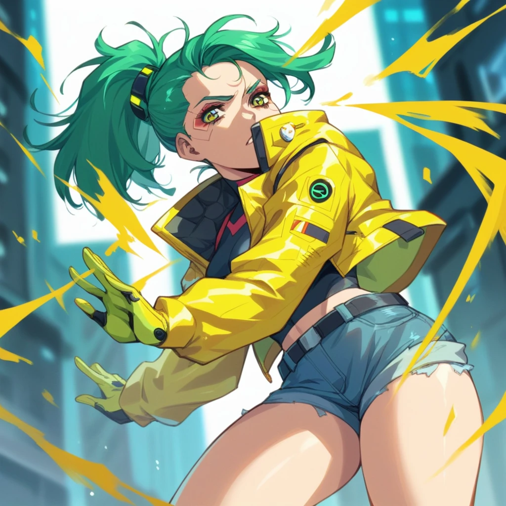 Cyberpunk woman in yellow rubber jacket, some denim shorts and some tactical gloves, She has short green hair tied back in a ponytail., She is in a neon futuristic city.