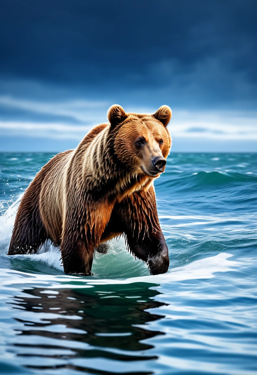 brown bear coming out of the sea, starly sky, image ultra realistic, rich in details, background reminiscent of a vast ocean.