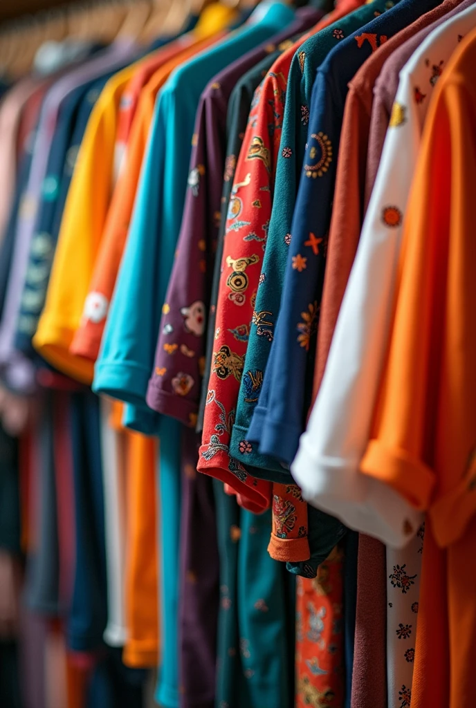 Close-up of a wardrobe filled with T-shirts of all colors and designs, hung neatly.