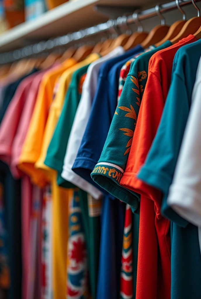Close-up of a wardrobe filled with T-shirts of all colors and designs, hung neatly.