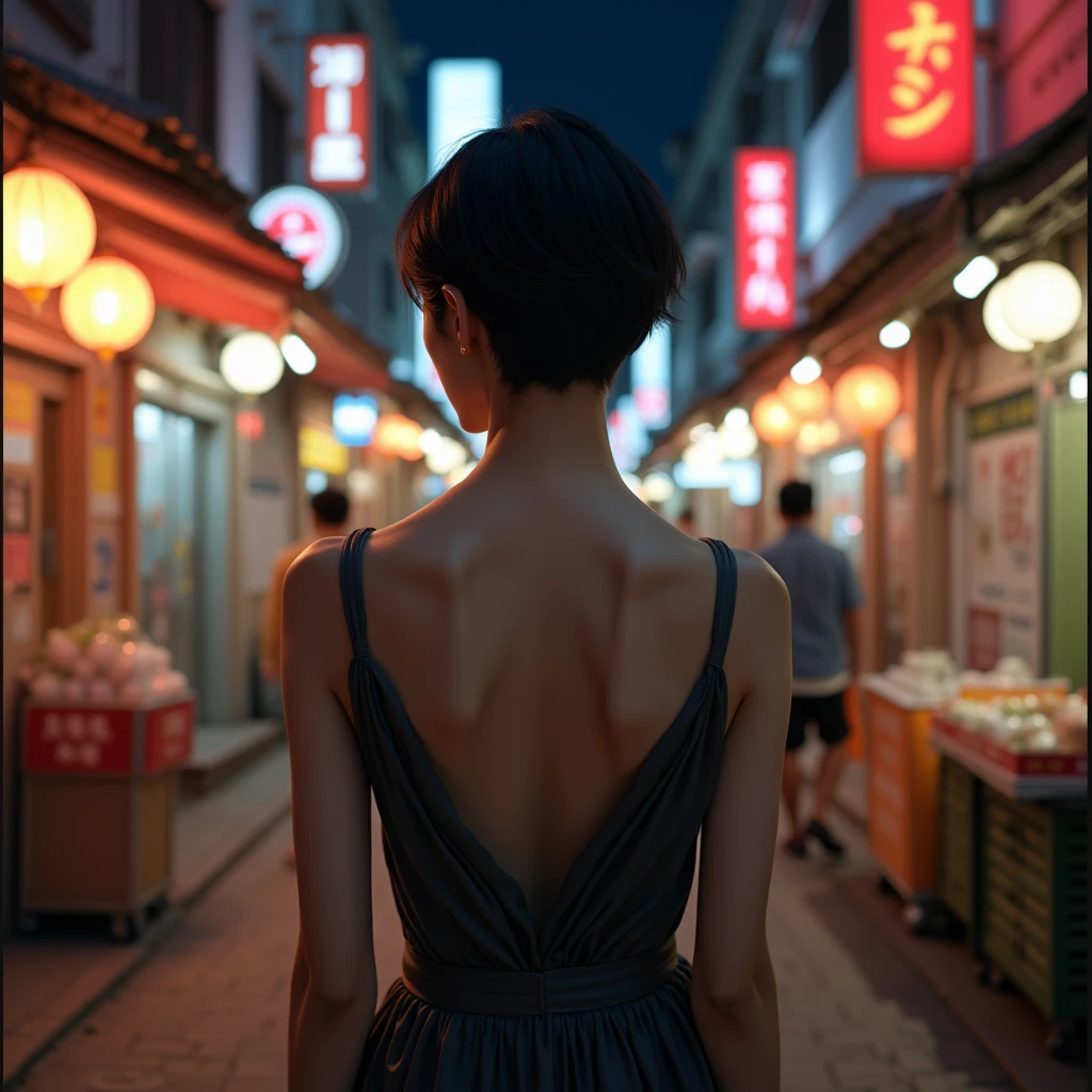"Realistic photo, young Korean woman with short hair, seen from the back, standing at a distance, in a modest and elegant dress, in a lively Korean street at night."