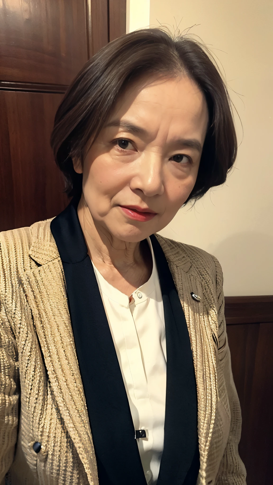 masterpiece, ((Depth of written boundary)), 32K, Beautiful finish, Face close-up, Beautiful mature woman, 90-year-old woman, Photo of your ID, Business operator, chief executive officer(chief executive officer(CEO)), View from the front, angry gaze, Cool look, Red lips, Thin lips, Wear a suit over a flashy bra, Light from the front,