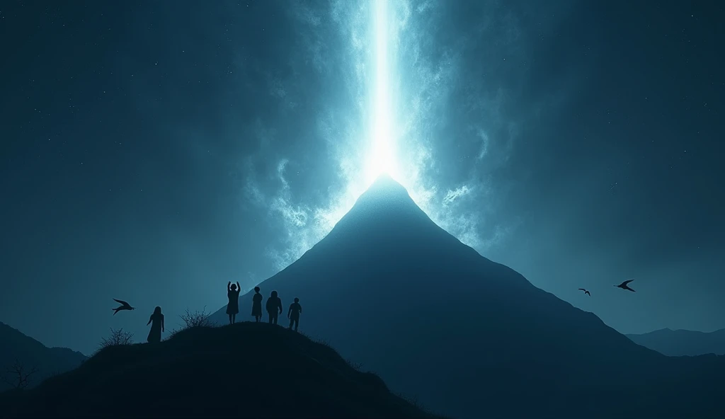 Night on Ternate island, Maluku, Indonesia with an abstract white light on the top of the mountain that stretches straight towards the sky, there are silhouettes of many people flying around the peak