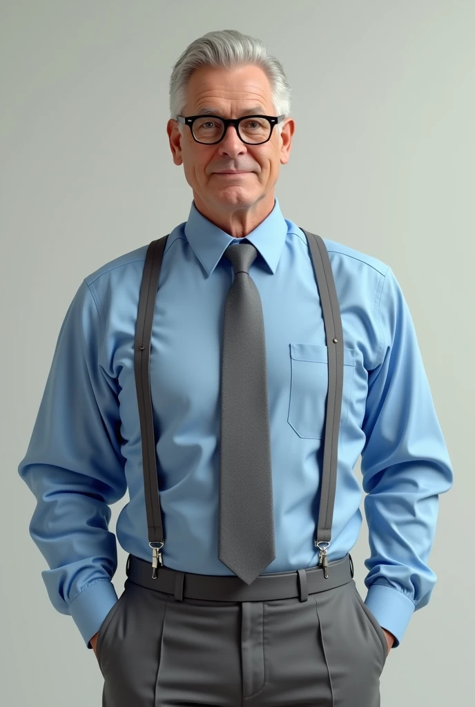 Man in grey pant and blue shirt with grey tie and with grey elastic suspenders