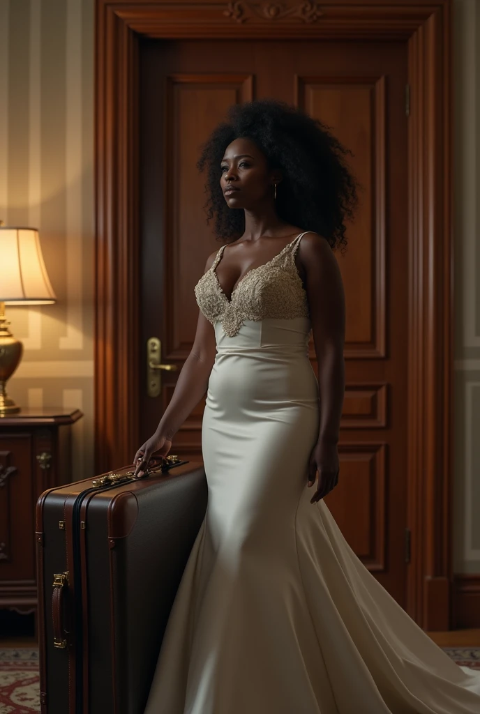 Generate an image of a chocolate black skinny curvy sad bride with her laugage leaving a nice interior hotel door