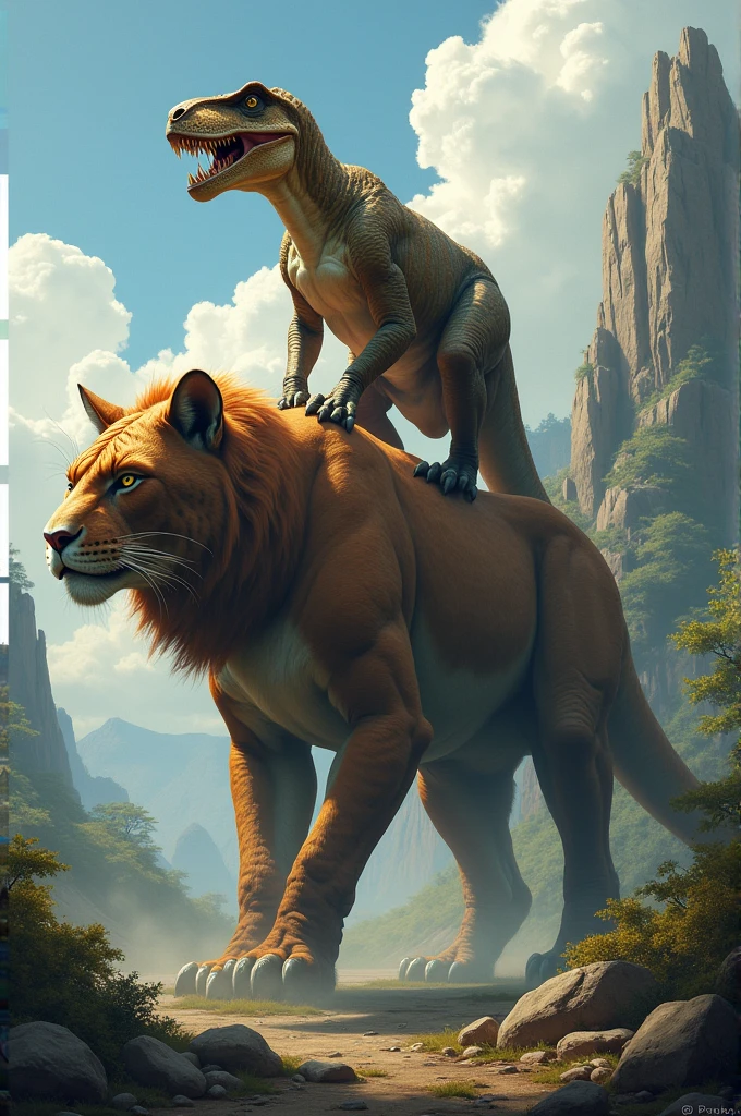 A dinosaur on top of a giant cat 