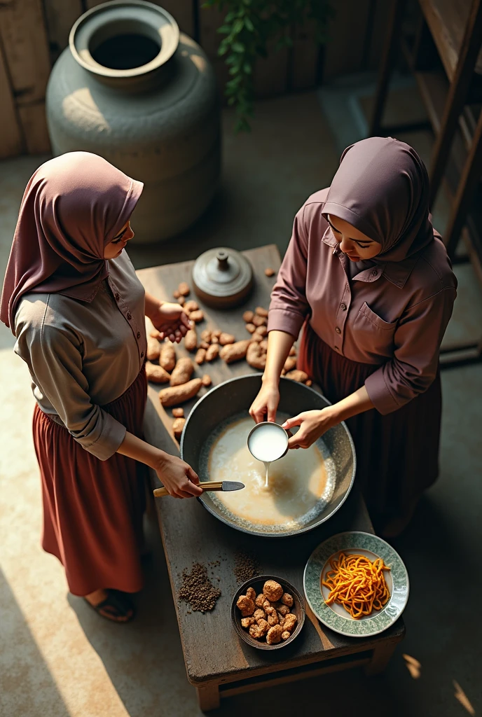 (photorealism:1.2), a top view of two malay hijab beauty girl sitting,, wear a shabby blouse shirt and a batik sarong sitting on a floor in a traditional kitchen, a girl is pouring a milk into a wok and her friend is pick up a plate of meal, old urn, top aerial angle, in a morning sunshine,