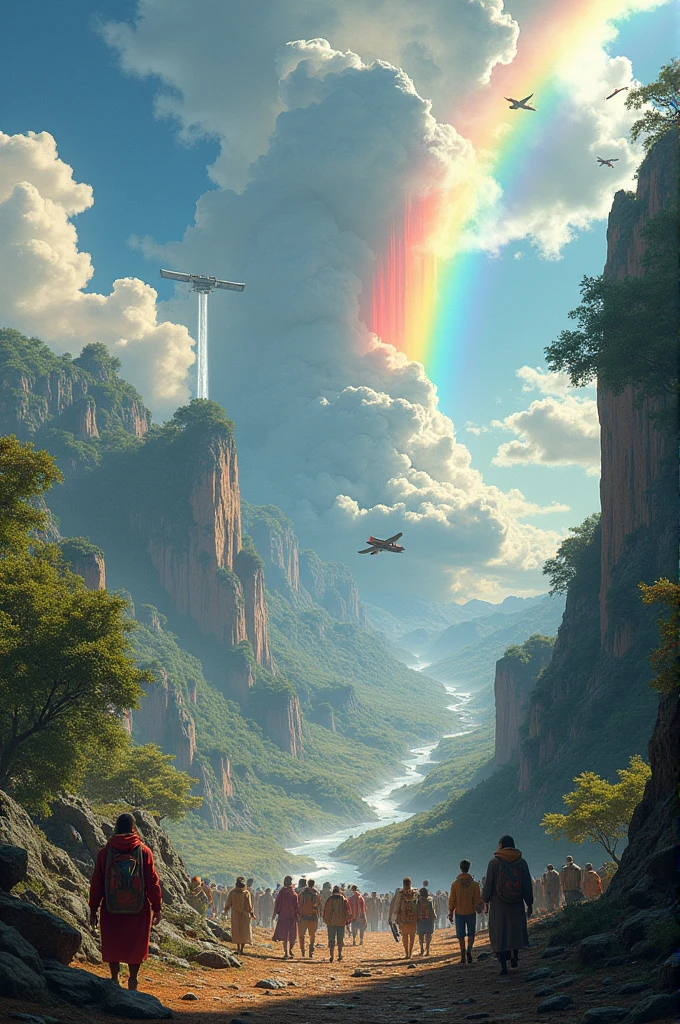 Can you make an image of a flat planet earth where advance technology coexist with a pristine, earth-like natural environment, filled with the dinosaur, giant gorilla, waterfalls, dragon, vibrant rainbow, giant tree, transportation at the sky, volcanic erupting, giant snake, lightning, Stormy clouds while some people evacuating from this place.