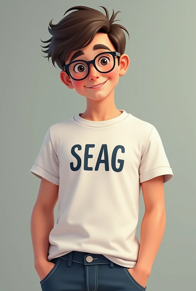 A handsome boy wearing glasses and tshirt written SEAG on it