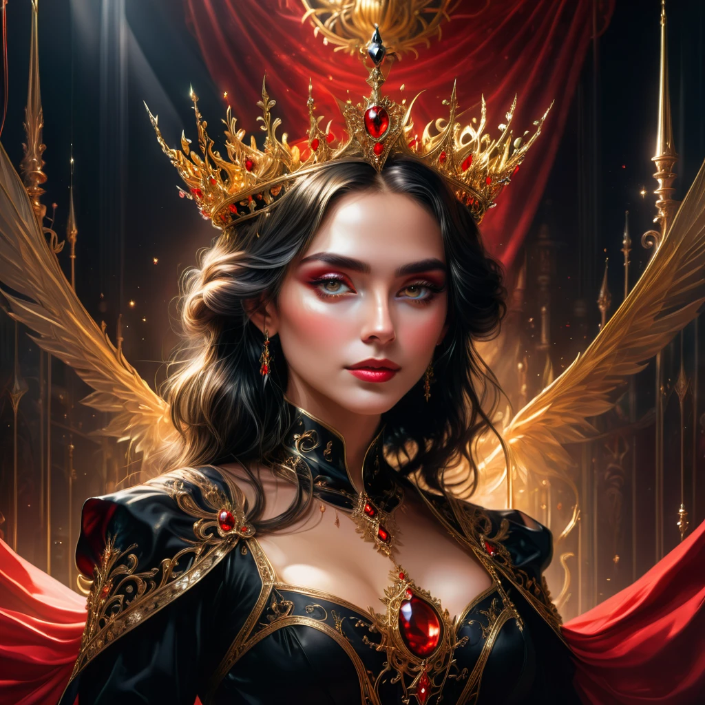 best quality, (masterpiece:1.2), illustration, absurdres, (1girl, solo), (beautiful detailed woman), 8K, Dark_Fantasy, delicate face, (delicate glass pupil: 1.5), standing full body portrait, black in one eye, red in one eye, Queen Belial, in black longe dress and Golden details she have Golden crown and staff