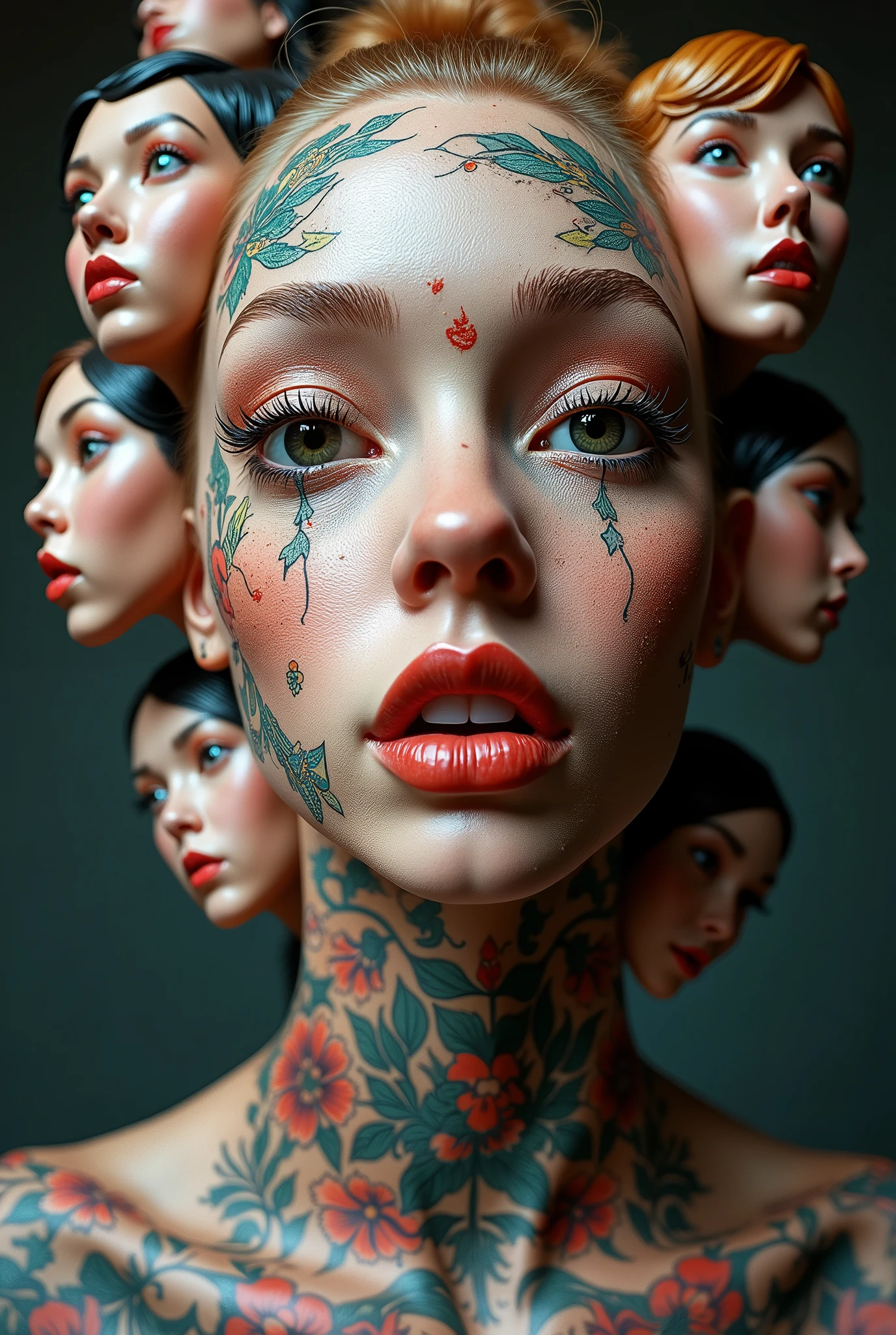 Expressionist artwork images of multiple floating ceramic heads of heavily tattooed women, 3d collage style, make it weird and gallery worthy