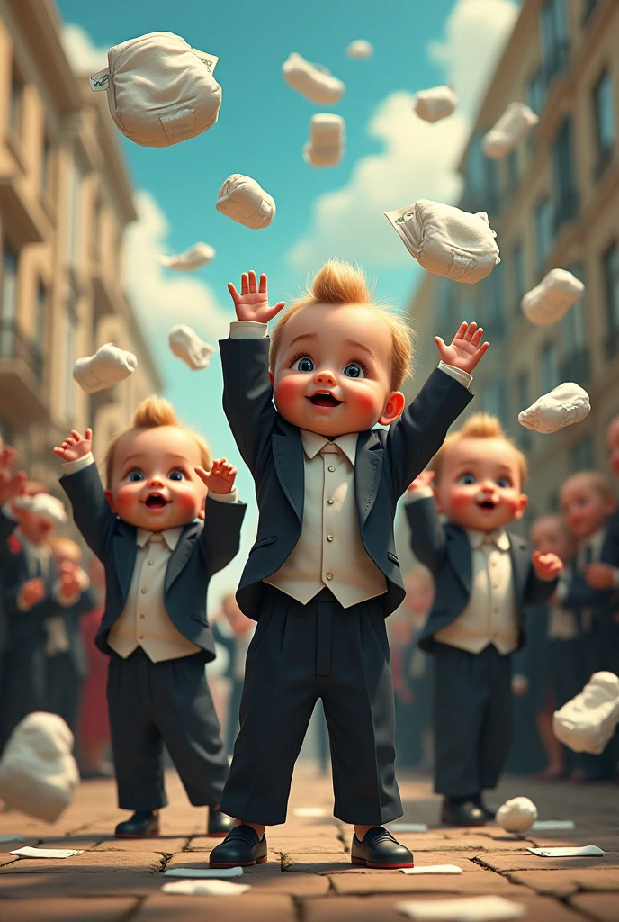 several baby diapers with the baby girls throwing them up looking like money the babies wearing suits with their name on a sign (Heloise's raffle )