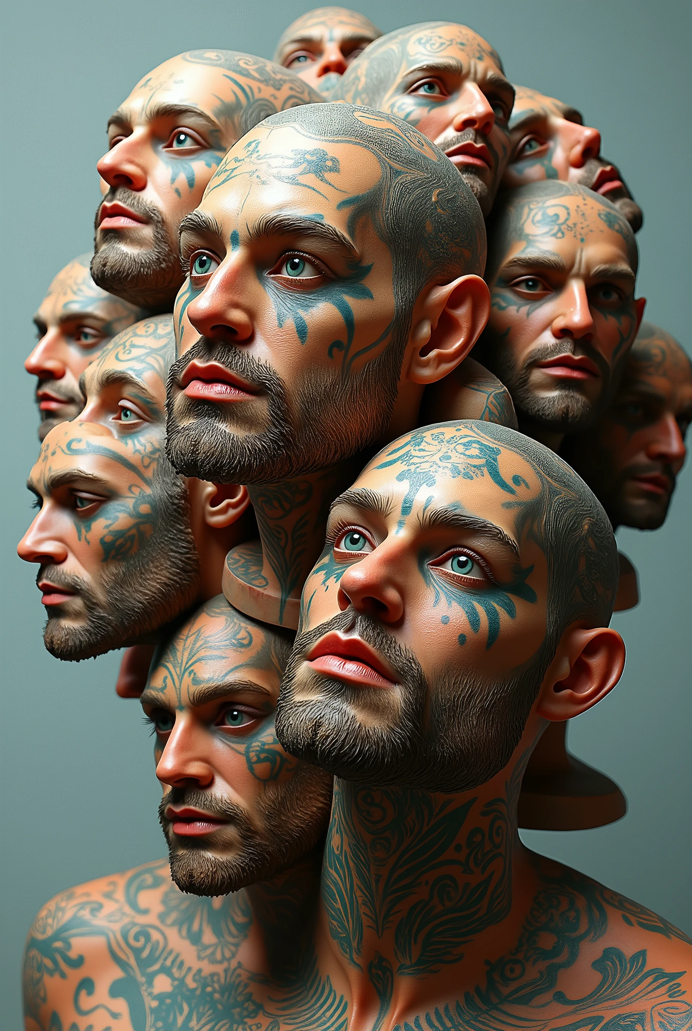 Expressionist artwork images of multiple floating ceramic heads of heavily tattooed men, 3d collage style, make it weird and gallery worthy