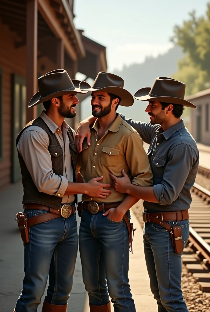 4 handsome men handsome cowboy says goodbye to a cute young 2 handsome friend who is going on a trip on a train at a train stop gay boyfriend of one of the cowboys