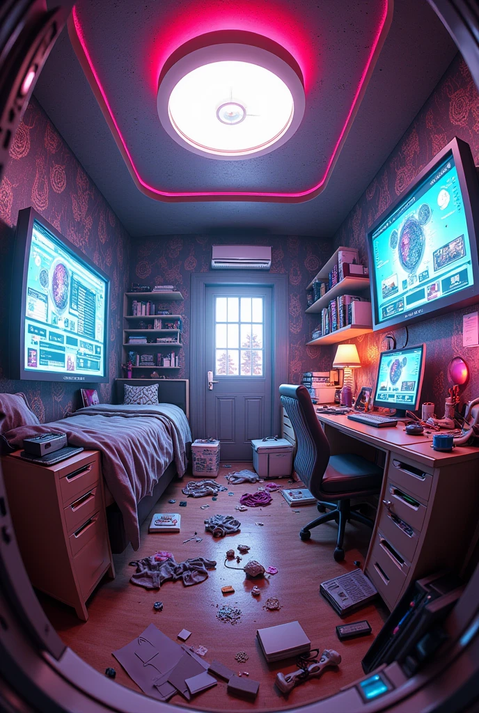 Messy girl's room, futurist, the room must be in perspective (fish eye) (do not include any person, only the fourth)