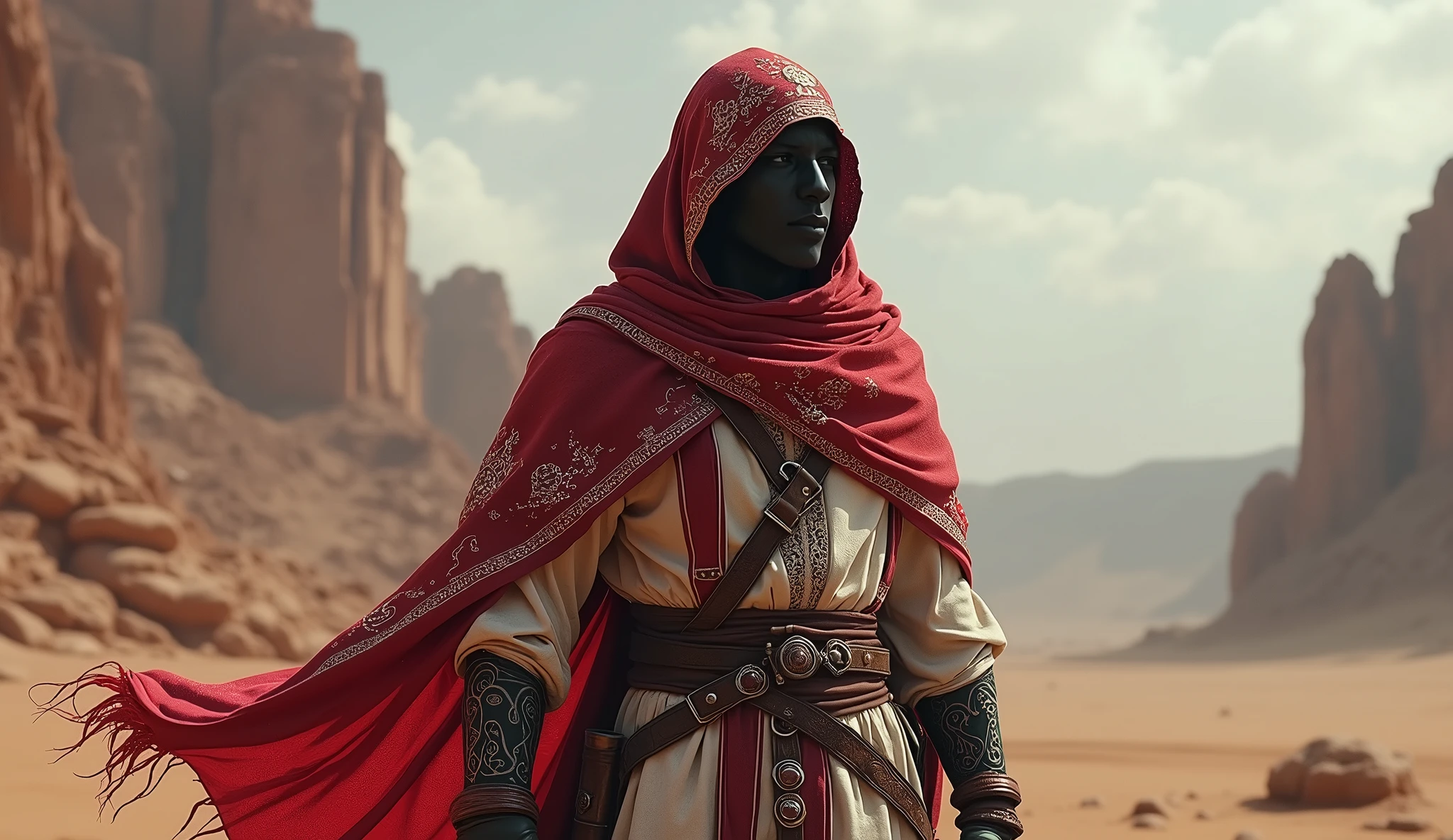 Yemen as an arabic muslim  League of Legend warrior creature in red, white and black colors. Intricated clothing. Cinematic Fantasy sci-fi landscape background