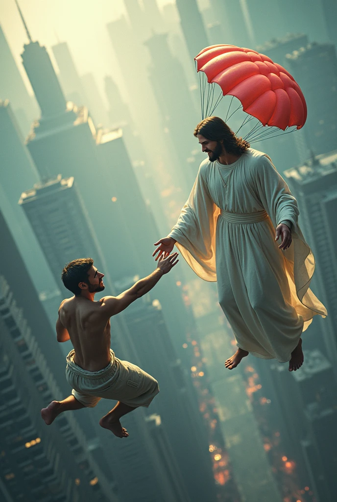 modern man falling calmly from the sky to the city, and Jesus is close by, extending his hand, trying to give the man a parachute., but man ignores Jesus&#39; help.
