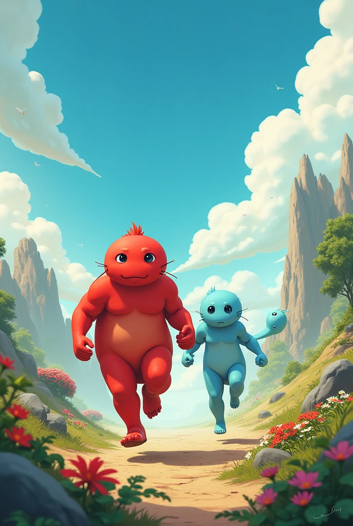 draw and create two cute characters, they must be formless non-human beings like studio ghibli . Strength and Movement they are friends adventurers and super brave. Strength robust red and Movement light blue, these on a fantastic land of Energyland, with running poses