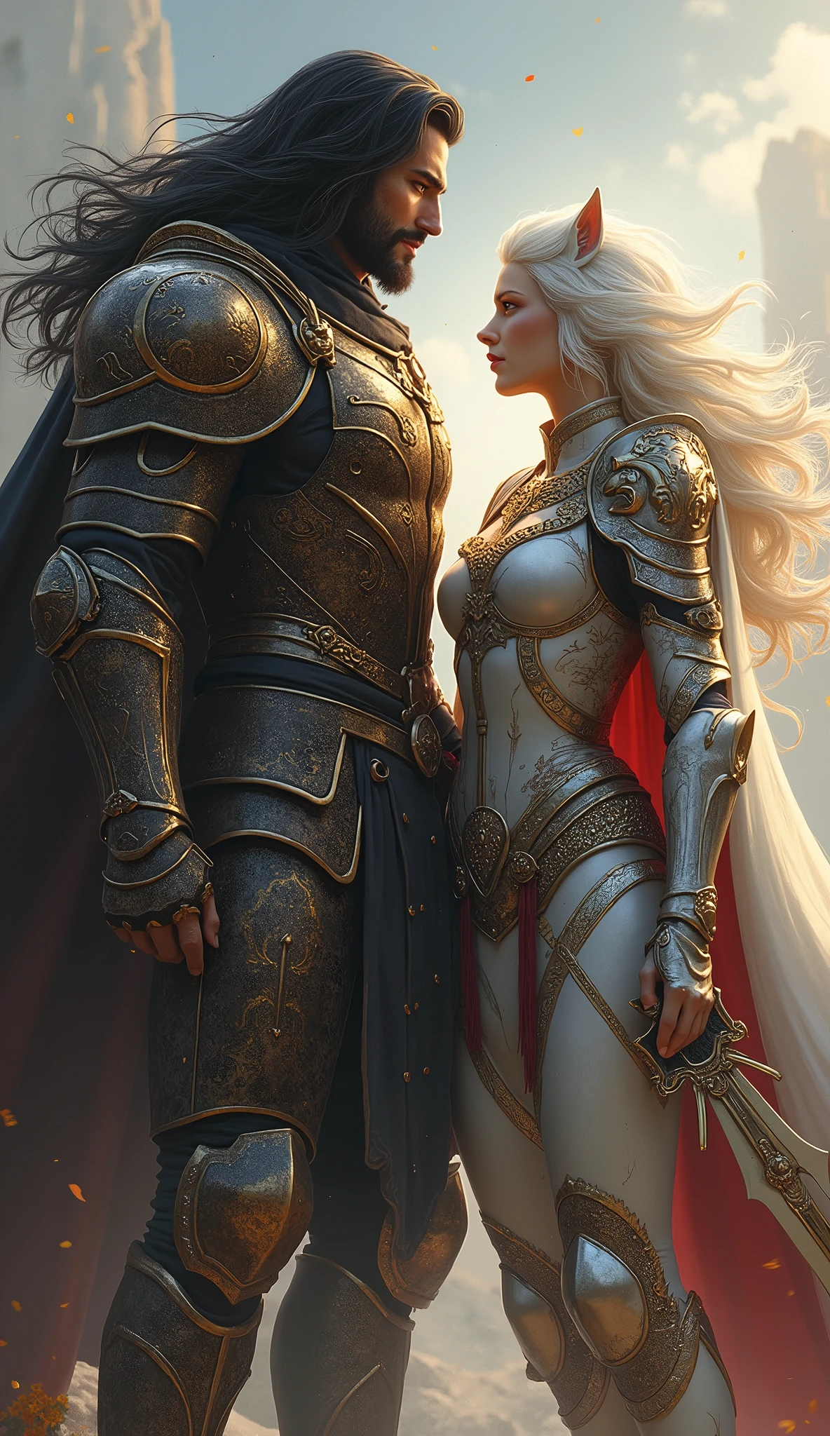 A black haired man ,very long black shiny hair, and woman with black and gold armor and a cape related to the Knights of the Zodiac, His armor will have the combination of a lion spirit and a puma and his human companion with a white armor with the spirit of a white dog