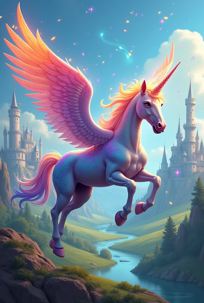  colorful male winged unicorn in a magical kingdom