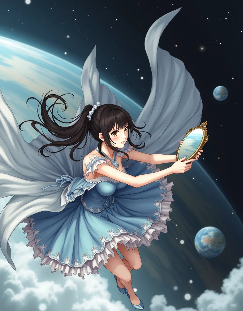 anime girl in a blue dress holding a mirror in her hand floating in space with stars, (ponytail forehead hair pulled back:1.3), (black hair:1.3), 1girl, solo, long hair, open mouth, black hair, dress, bow, holding, bare shoulders, brown eyes, ponytail, hair bow, frills, detached sleeves, sky, shoes, cape, white dress, blue bow, forehead, blue footwear, space, planet, earth \(planet\), anime style, from girls frontline, fine details. girls frontline, girls frontline universe, girls frontline style, girls frontline, girls frontline cg, soft anime illustration, 2 0 2 2 anime style, 2022 anime style, pixiv contest winner, pretty anime character design, render of april