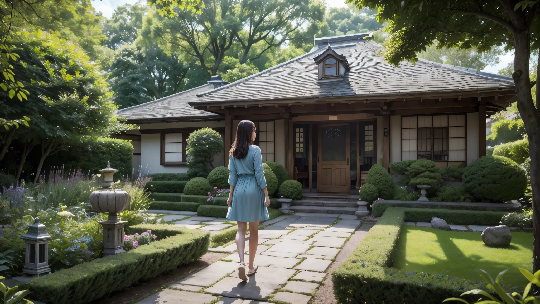 "Photorealistic, (wide angle, single figure only, back to camera), a Japanese young woman walking through a garden towards a closed front door of a house, her body fully turned towards the house, wearing a sky-blue dress, walking along a stone pathway in a well-maintained garden, lush greenery on both sides, sunlight filtering through the trees, the house clearly in front of her, cozy garden setting, natural light, no other figures, high detailed official artwork, hyperrealistic, slim fit body, long legs, attractive young woman, serene atmosphere, smooth photorealistic, warm color tones, vivid colors, 8k and 4k resolution."