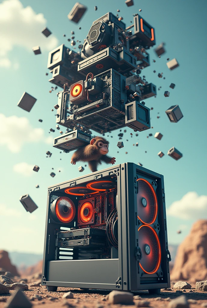 Gamer computer disassembling in 3D as if floating upwards with Benjamin, hacker monkey floating along (Unrealistic image)