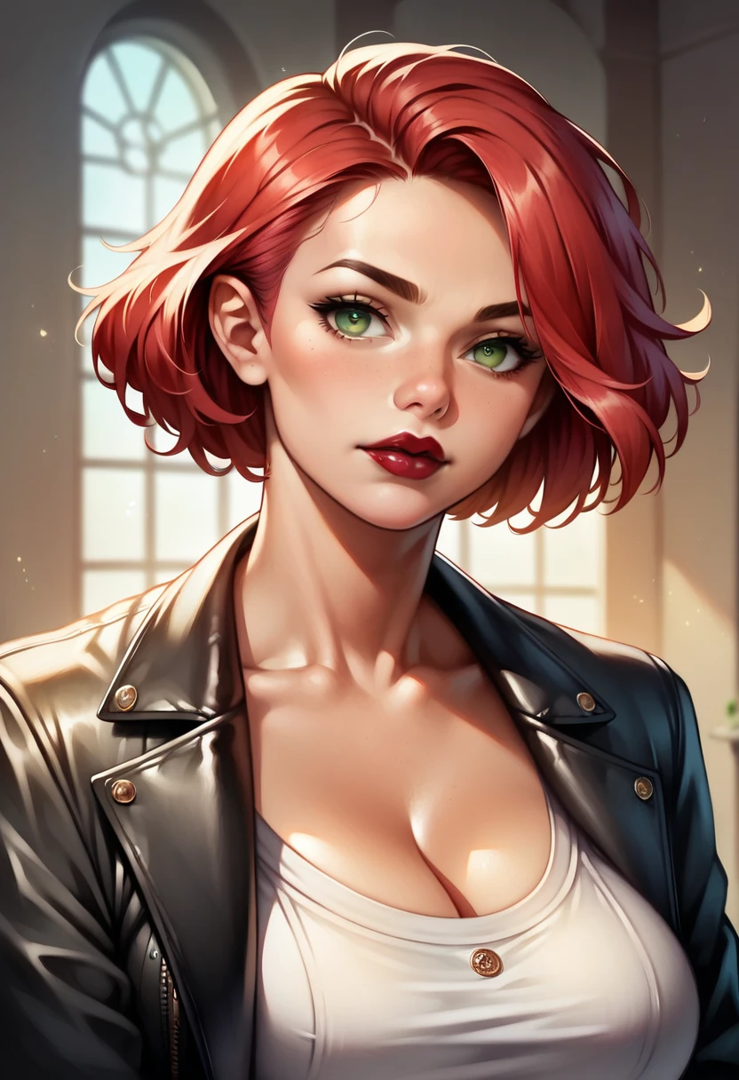 (high-level image quality), (high quality), (high resolution), (detailed), (masterpiece), beautiful woman, ((caucasian)), green eyes, red hair, short hair, dark red lipstick, perfect eyes, Detailed face, leather jacket, busty, confident, portrait, posing