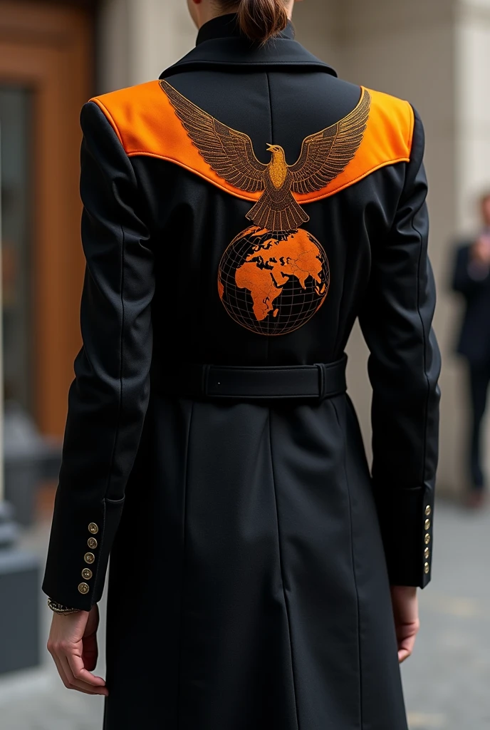 Create a black and orange coat with a dove and a globe in the middle of the back. It has a business feel.