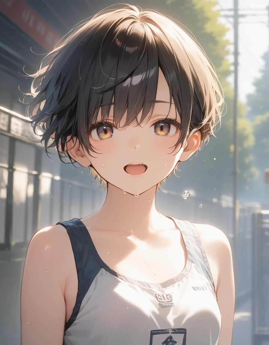 score_9, score_8_up, score_7_up, source_anime, best quality, masterpiece, official art, absurdres, highres, ultra-detailed,waifu2x,Collection: Slice of Life,break,1girl, short hair, pixie cut, flipped hair, small breasts, beautiful (well-shaped) breasts,beautiful detailed eyes, sweat, gym shorts, (wavy mouth:0.3), open mouth, (Detailed Lighting),(Detailed background),outdoors, break,(clear line illustration:1.2), super detailed skin,very high resolution, very aesthetic, Best sexual lighting powered by famous artist, 8k, 16k, cute picture,beauty illustration,photoshop_(medium),,best anime 8k konachan wallpaper, pixiv contest winner,