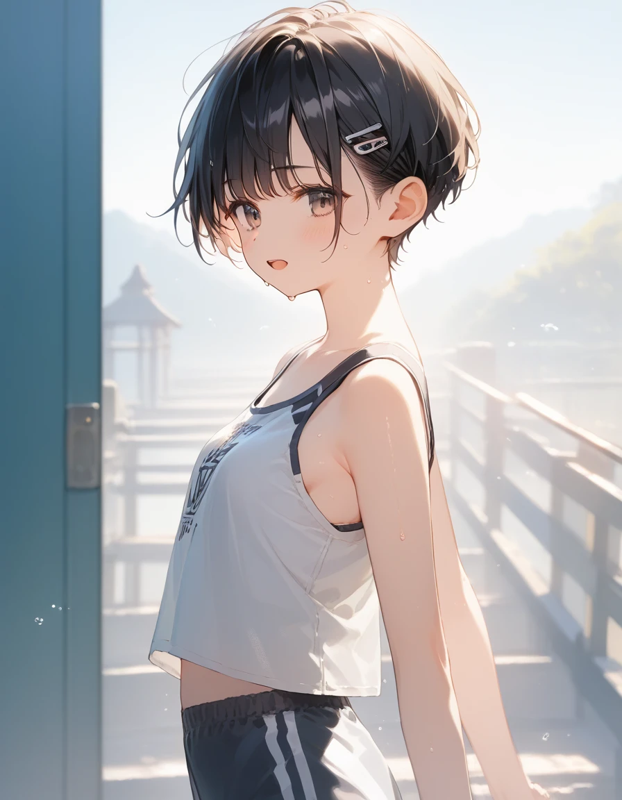 score_9, score_8_up, score_7_up, source_anime, best quality, masterpiece, official art, absurdres, highres, ultra-detailed,waifu2x,Collection: Slice of Life,break,1girl, short hair, pixie cut, flipped hair, small breasts, beautiful (well-shaped) breasts,beautiful detailed eyes, sweat, gym shorts, (wavy mouth:0.3), open mouth, (Detailed Lighting),(Detailed background),outdoors, break,(clear line illustration:1.2), super detailed skin,very high resolution, very aesthetic, Best sexual lighting powered by famous artist, 8k, 16k, cute picture,beauty illustration,photoshop_(medium),,best anime 8k konachan wallpaper, pixiv contest winner,