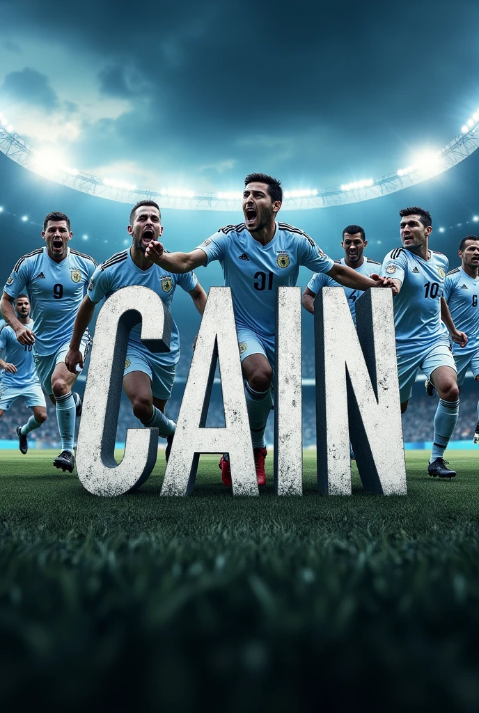 An image with the word cain written on it and an epic background of the Argentine soccer team