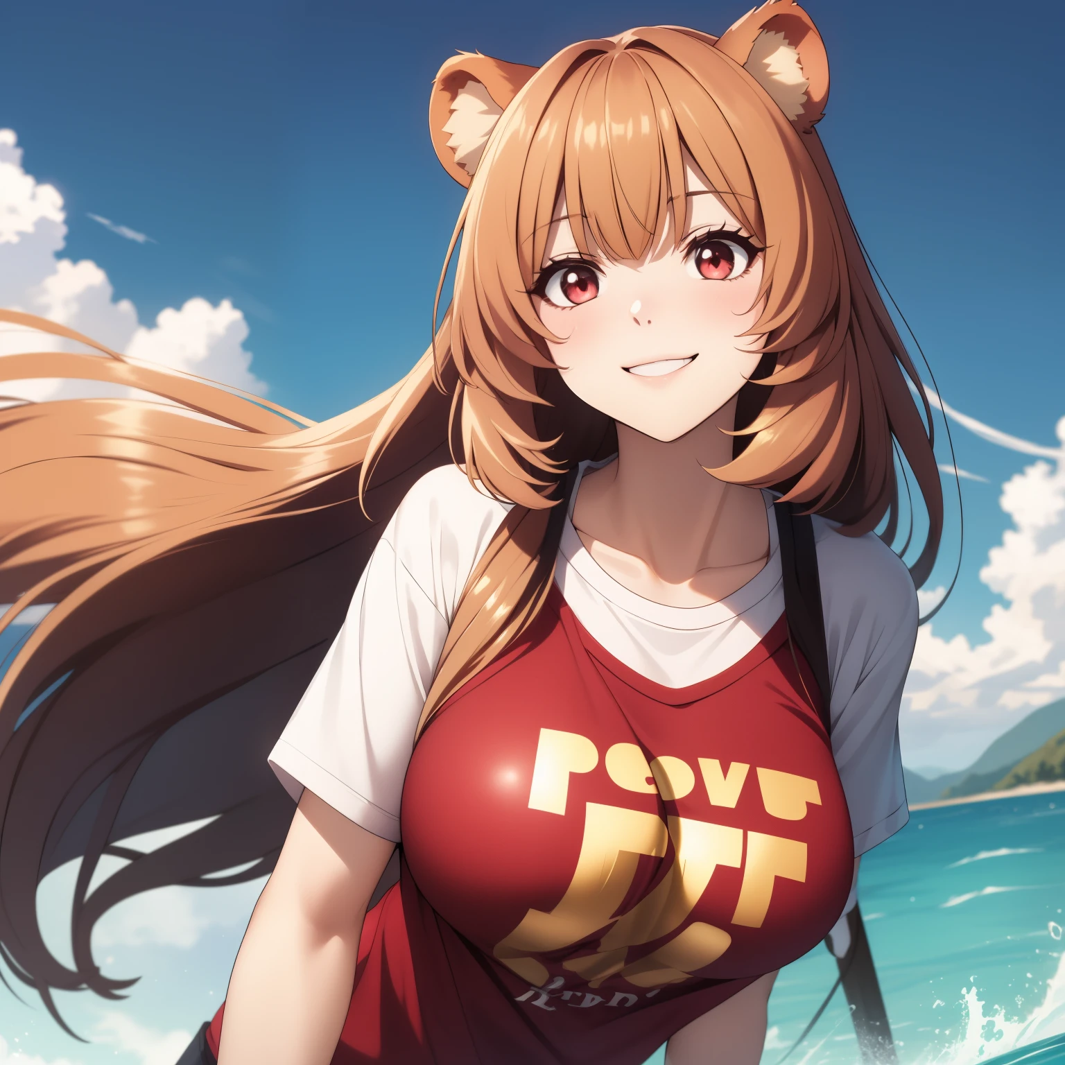 Raphtalia woman19 años straight floating golden blonde hair , rounded bear ears, red eyes like ruby,  shy smile,  big breasts,  camiseta  blanca corta  mojada, camiseta mojada, concurso de camisetas mojadas,  . fondo  fiesta de espuma. camisetas mojadas.