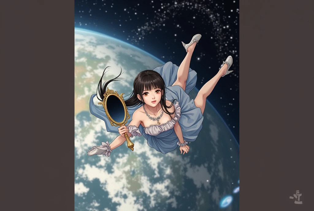 anime girl in a blue dress holding a mirror in her hand floating in space with stars, (ponytail forehead hair pulled back:1.3), (black hair:1.3), 1girl, solo, long hair, open mouth, black hair, dress, bow, holding, bare shoulders, brown eyes, ponytail, hair bow, frills, detached sleeves, sky, shoes, cape, white dress, blue bow, forehead, blue footwear, space, planet, earth \(planet\), anime style, from girls frontline, fine details. girls frontline, girls frontline universe, girls frontline style, girls frontline, girls frontline cg, soft anime illustration, 2 0 2 2 anime style, 2022 anime style, pixiv contest winner, pretty anime character design, render of april
