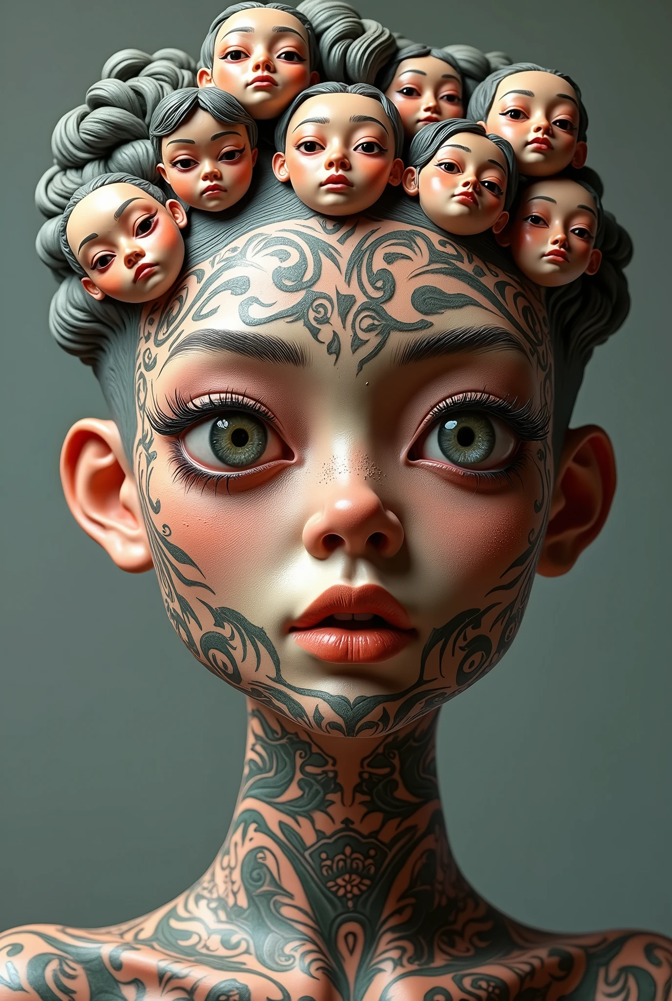 Expressionist artwork images of multiple floating ceramic heads of heavily tattooed asian women, 3d collage style, make it weird and gallery worthy