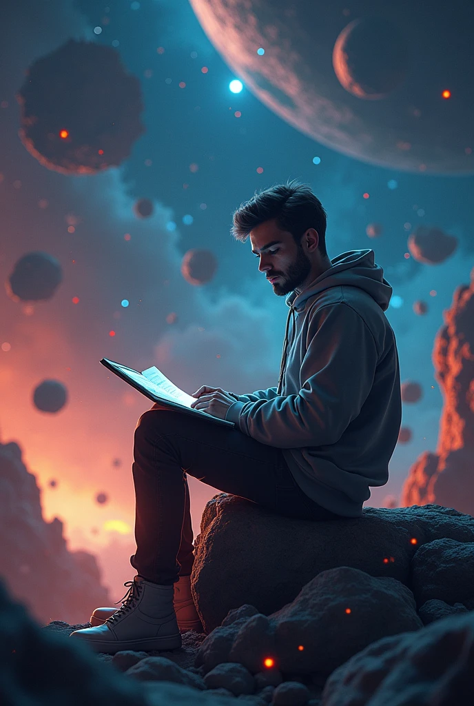 Draw a young programmer, sitting on a research platform floating in the middle of an asteroid belt. He is studying with a notebook, surrounded by several asteroids glowing with fiery auras. Dramatic lighting from distant stars and planets illuminates the scene, casting deep shadows on the suit. The young man looks confident and determined, looking at the vast and mysterious universe with wonder and respect,facial hair, cowboy shot,