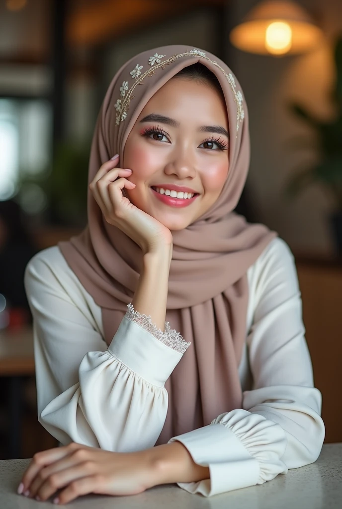 Hijab , portrait half body shoot 1:2 , holding face. One hand on table. Dominance smile. Perfect theeth.shoot by canon r6 Godox v1 Speedlite. Lace hijab. Wear minimalist flower hijab. Girl average 2. Samo matang skin. Simple make up. Perfect hijab. Cafe background.. pink lips, snube nose big. Beautiful eyesbrow, long lashes. Brown hazel eyes.. chubby face. Indonesia girl nose. Hidung pesek. small pimple lot on skin. Dry skin. Very cute.