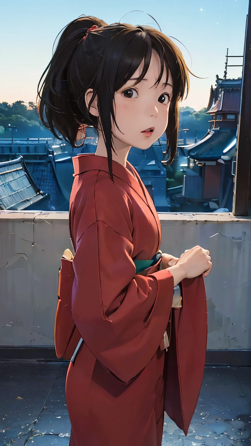 (masterpiece:1.4)、(Highest quality:1.4)、(High resolution:1.4)、Chihiro Ogino、ponytail、Unite Form、Red kimono、Old inn、rooftop、night、Starry Sky、colorful、High contrast、Ultra Close-Up