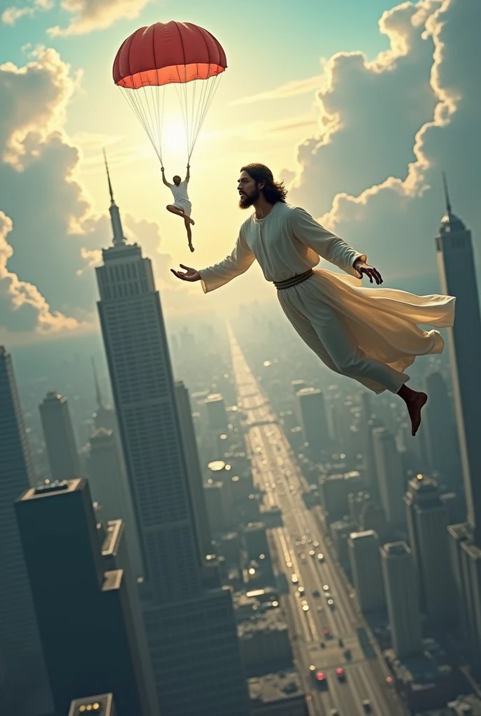 modern man falling calmly from the sky to the city, and Jesus is close by, extending his hand, trying to give the man a parachute., but man ignores Jesus' help.