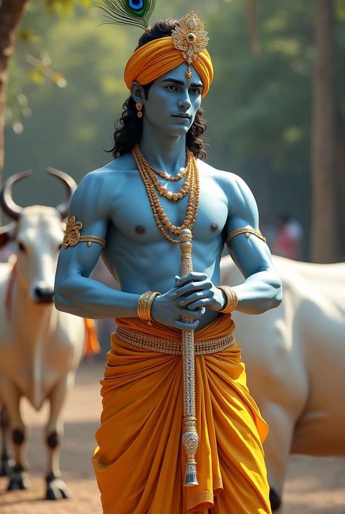 (photorealism:1.2), indian man, handsome , wearing yellow fancy dhoti, standing like indian god krishna, fluet in hand work of diamonds, zari ki pagdi on head with mor pankh,
White Cow in background, realistic, light blue shade on full body, celebration
