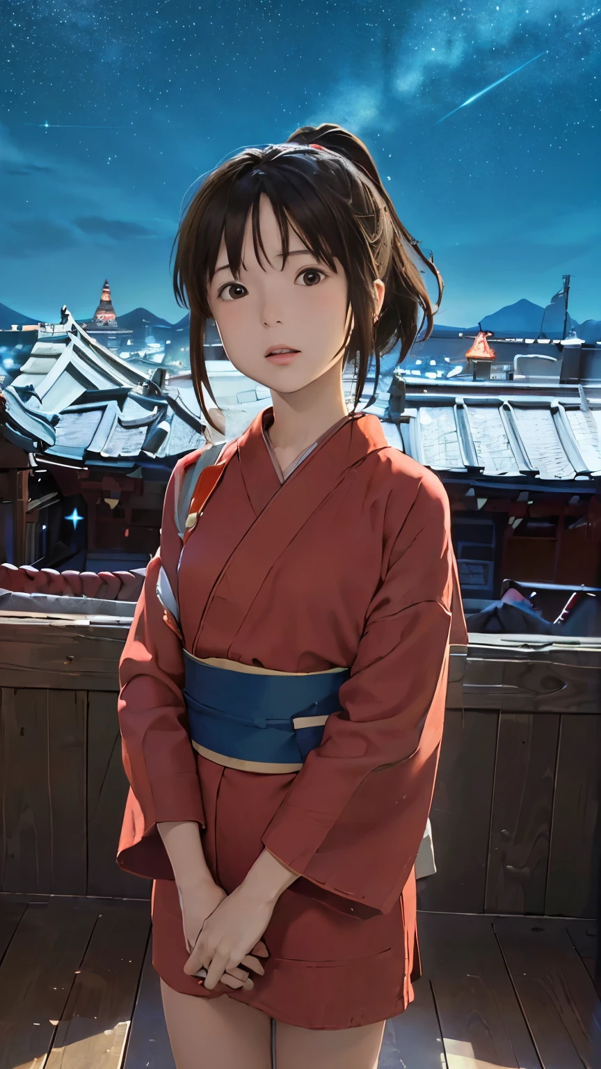 (masterpiece:1.4)、(Highest quality:1.4)、(High resolution:1.4)、Chihiro Ogino、ponytail、Unite Form、Red kimono、Old inn、rooftop、night、Starry Sky、colorful、High contrast、Ultra Close-Up