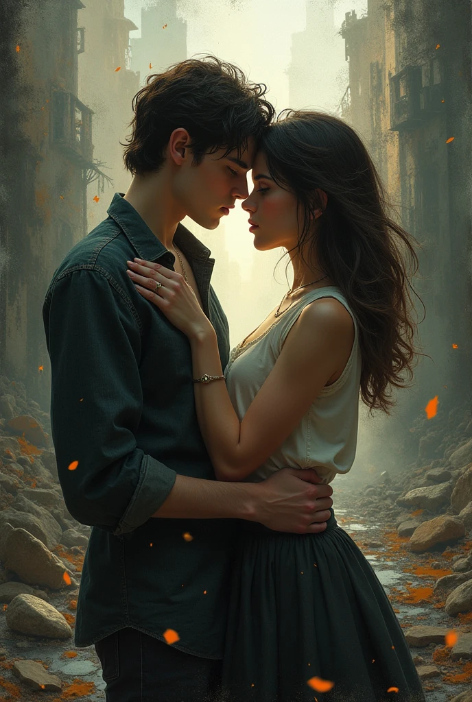 I NEED YOU TO GENERATE THE COVER OF A WORK WITH THE TITLE: YOU SHOULD NOT MISS ME. (YOU MUST PUT THE TITLE)
THE COVER MUST HAVE THE FOLLOWING IMAGE, 2 agers (the girl must be beautiful) THAT LITTLE BY LITTLE THEY FALL IN LOVE BUT AS THEY DO SO THEY SELF-DESTRUCT AND EVERYTHING AROUND THEM TOO. GENERATE THE IMAGE WITH A BACKGROUND THAT GENERATES INTRIGUE AND DESTRUCTION AROUND IT.