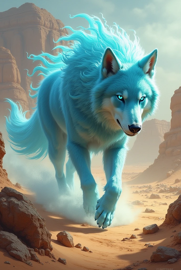 masterpiece,High resolution, ((Aqua Elemental):1.2、{Wolf}:0.8)、Desert Run、From an angle、