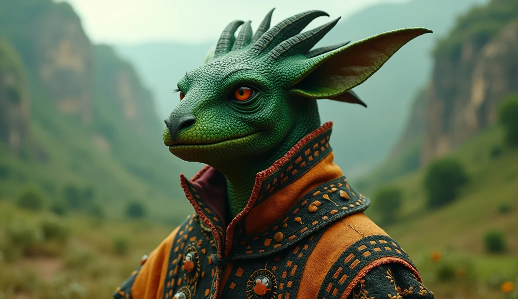 Zambia as an african League of Legend creature principally in green color with orange, red and black details. Intricated clothing. Cinematic Fantasy sci-fi landscape background