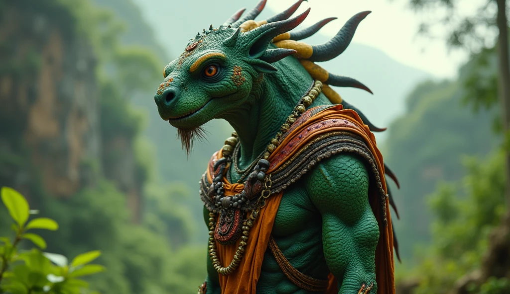 Zambia as an african League of Legend creature principally in green color with orange, red and black details. Intricated clothing. Cinematic Fantasy sci-fi landscape background