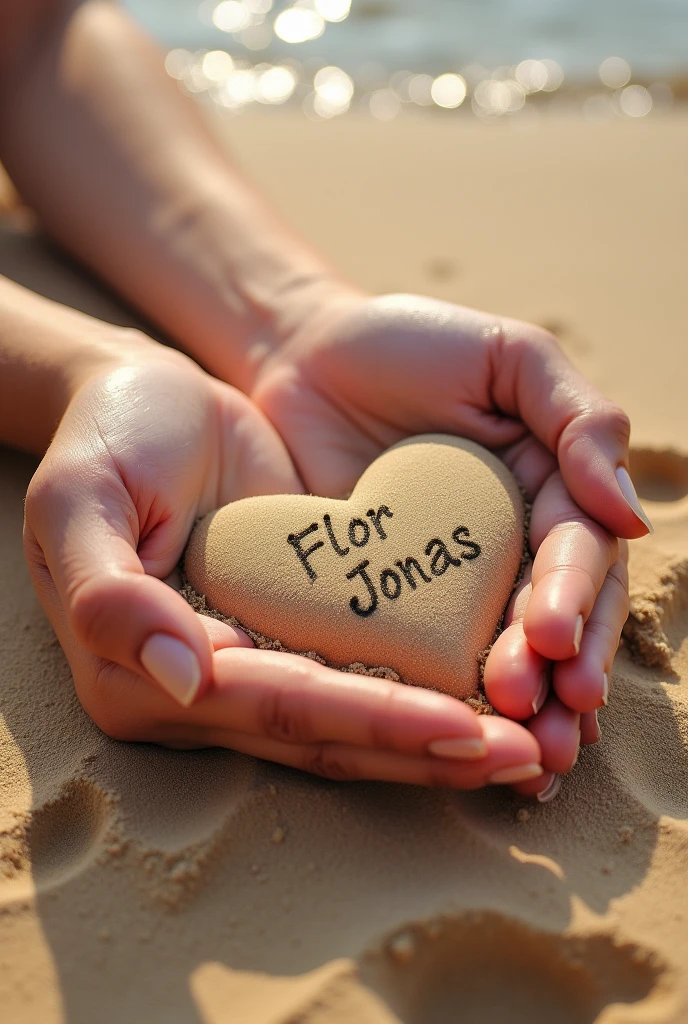 A heart made in the sand with the names of Flor and Jonas inside this same heart, and with two hands holding on romantically