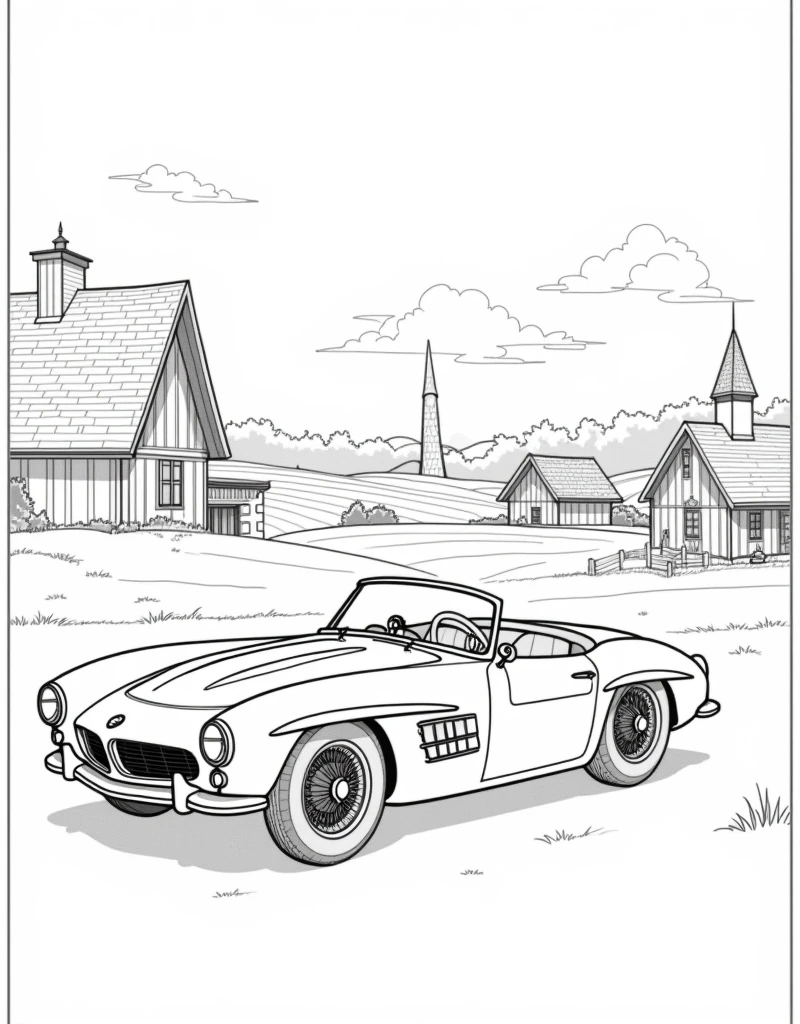 create an image of a BMW 507 car Country of origin: Germany Brand: BMW Model: 507, classic Year of creation: 1956, for coloring book, black and white coloring book, with a landscape and a background of some structures according to his time