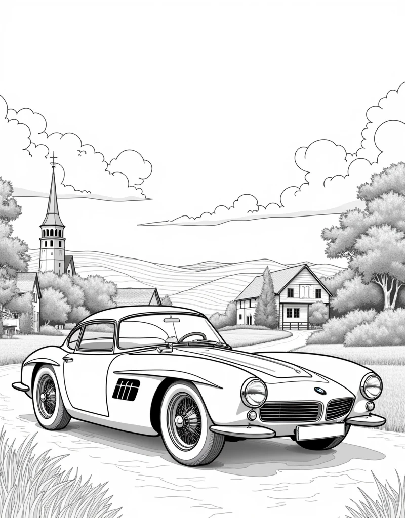 create an image of a BMW 507 car Country of origin: Germany Brand: BMW Model: 507, classic Year of creation: 1956, for coloring book, black and white coloring book, with a landscape and a background of some structures according to his time