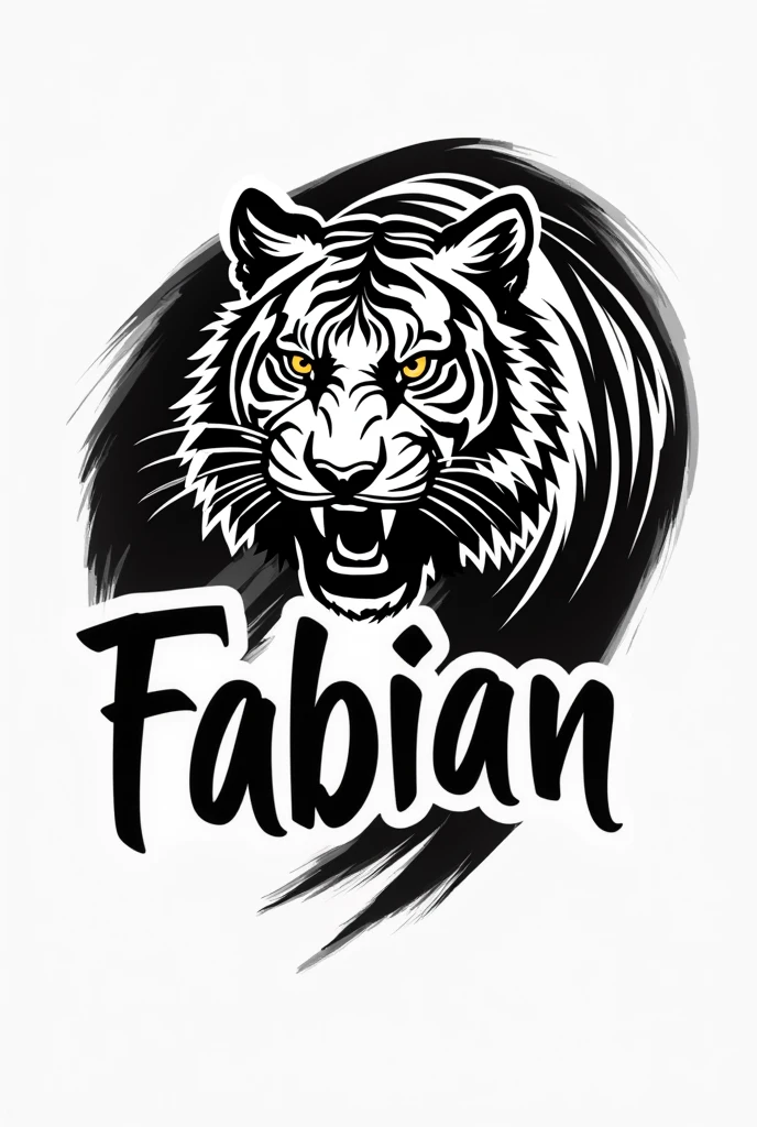 In a shirt, Black and white tiger logo with the name Fabian